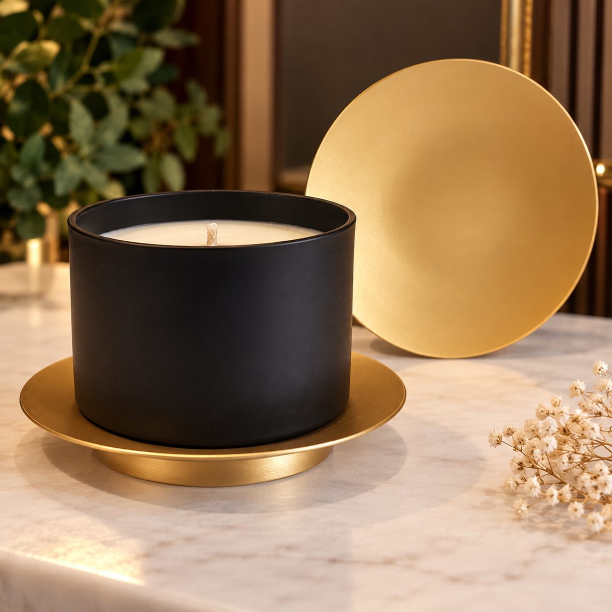 Brushed gold candle plate shown with a black jar candle on a marble surface (candle not included)