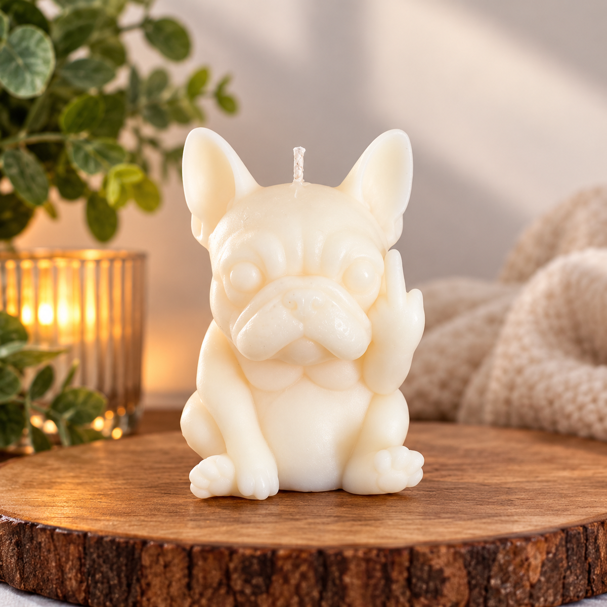 Ivory French bulldog-shaped candle with one paw raised, on a wooden display
