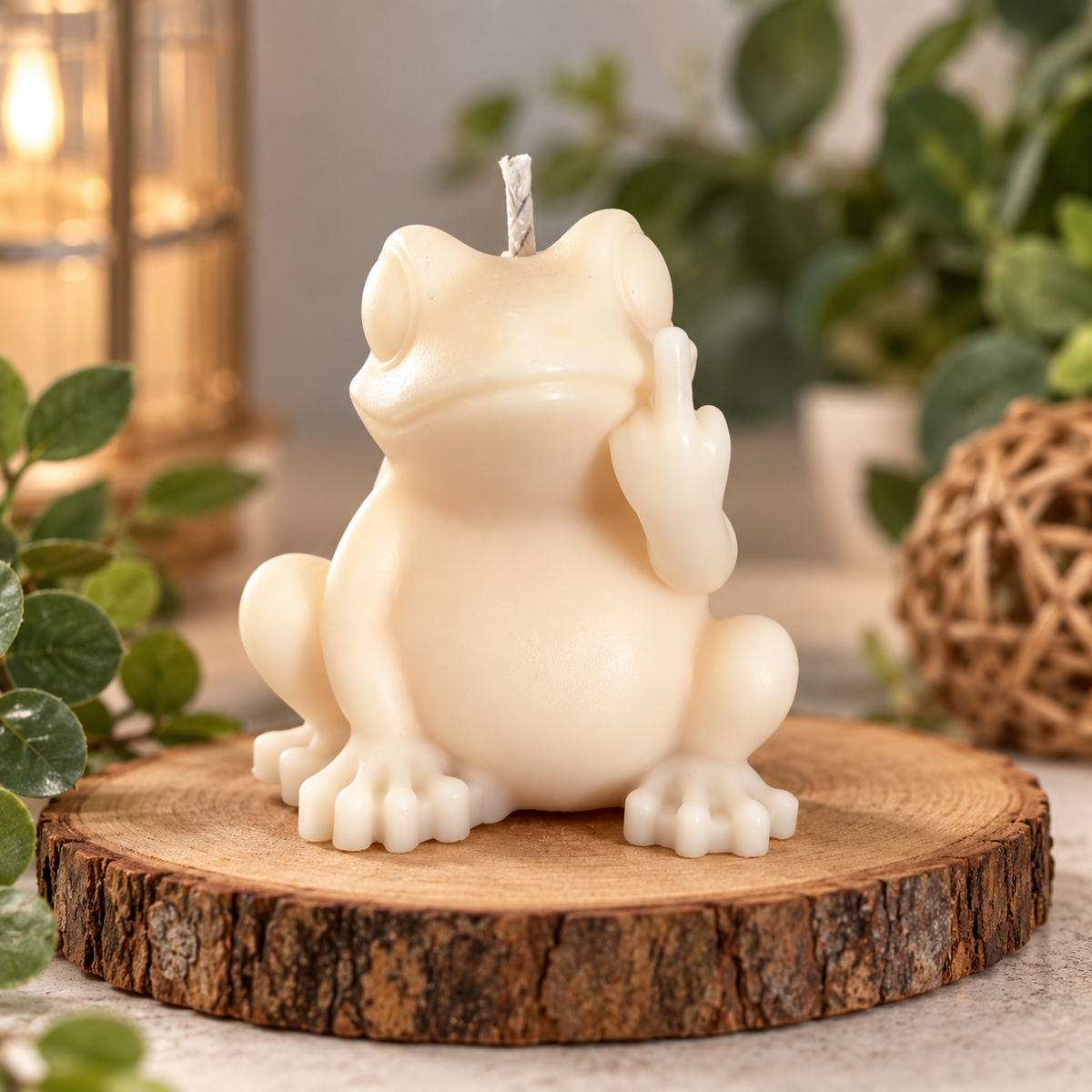 Ivory frog-shaped candle with one hand raised, displayed on a wooden slice