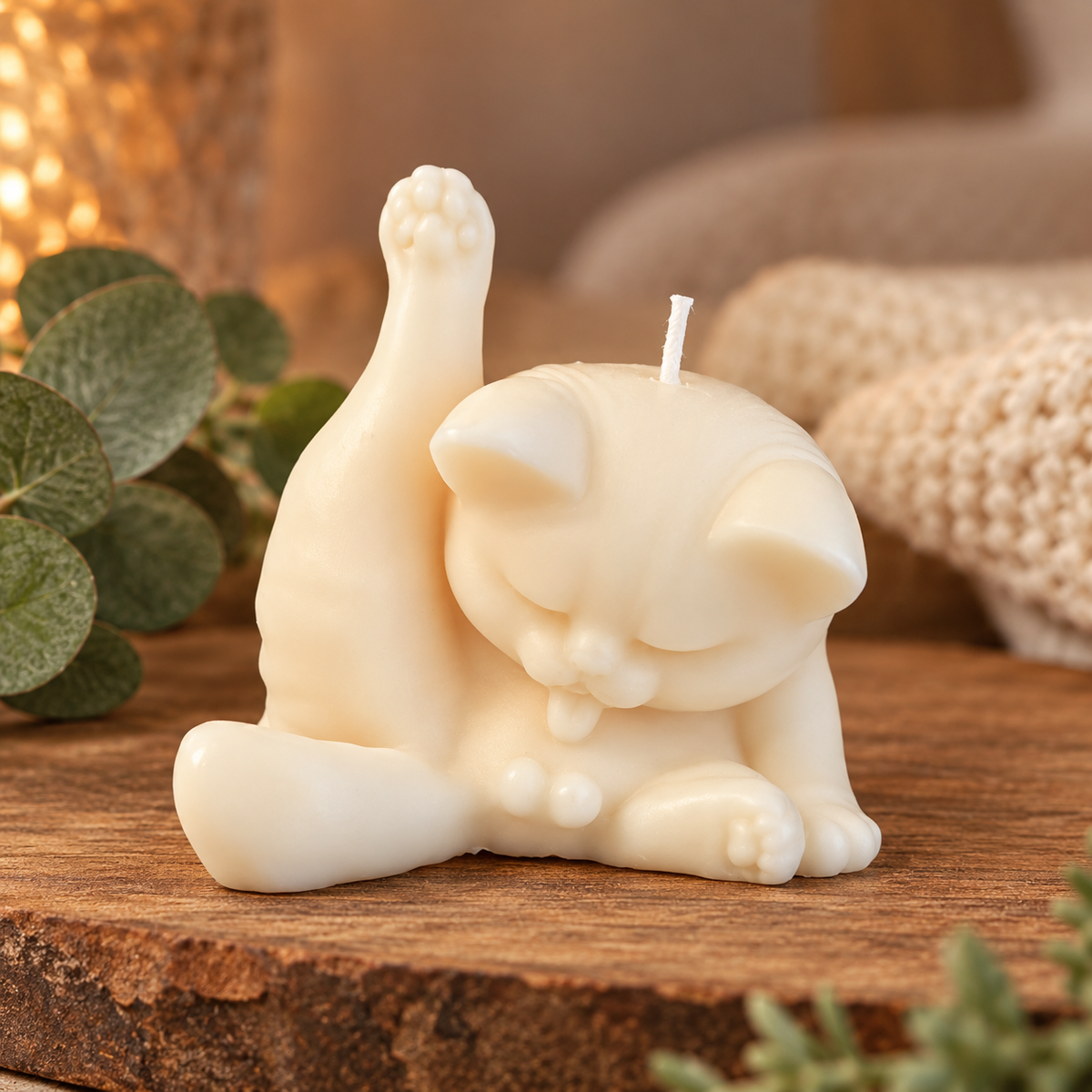 Cream-coloured cat-shaped candle grooming itself with one hind leg raised, displayed on a wooden surface