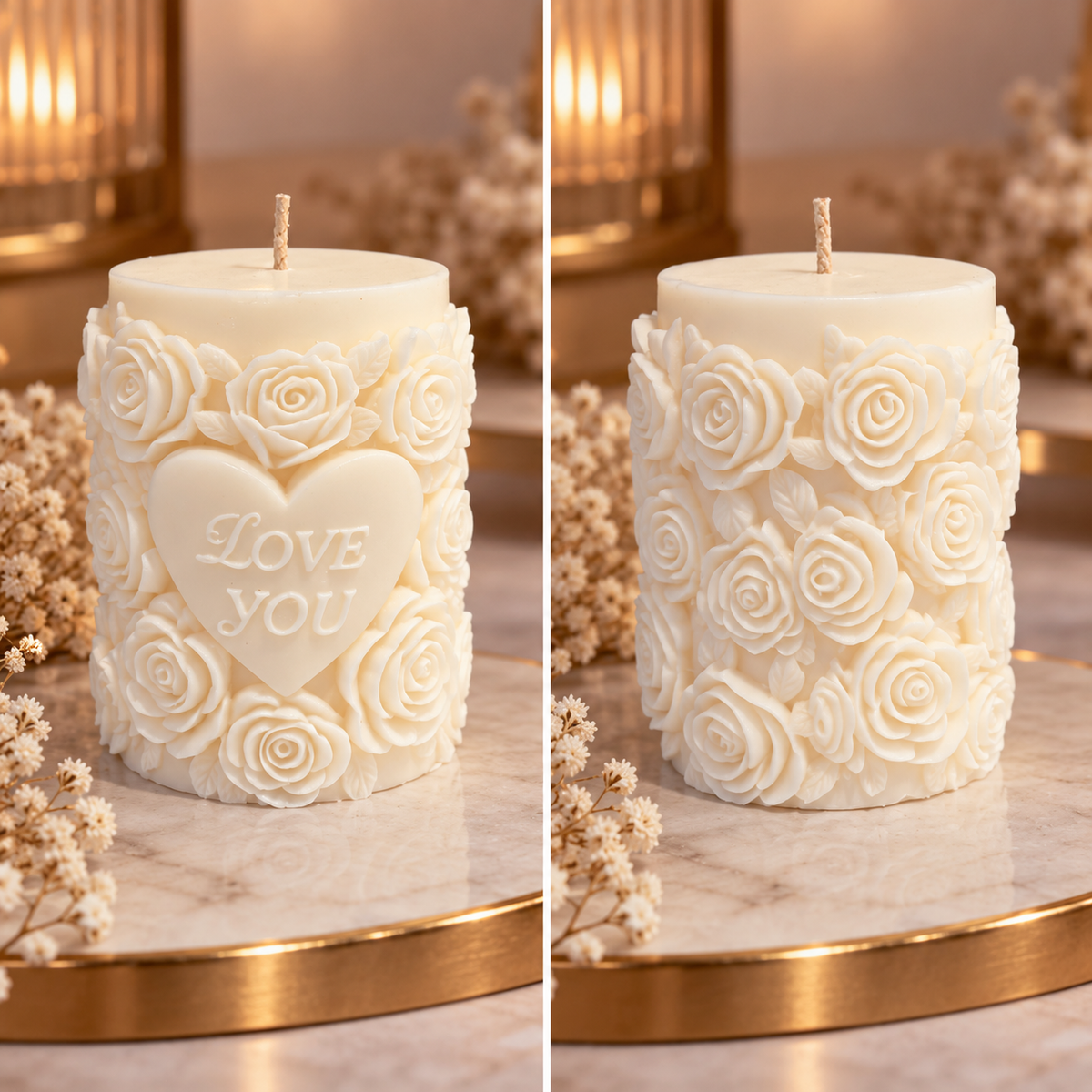 Ivory candle decorated with sculpted roses and a heart reading LOVE YOU